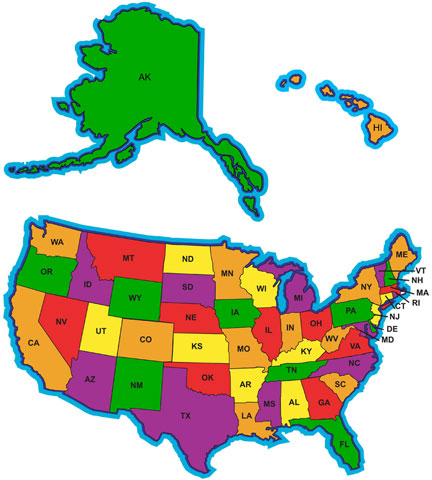 Outline map of the 50 United States, showing their 2-letter abbreviations.